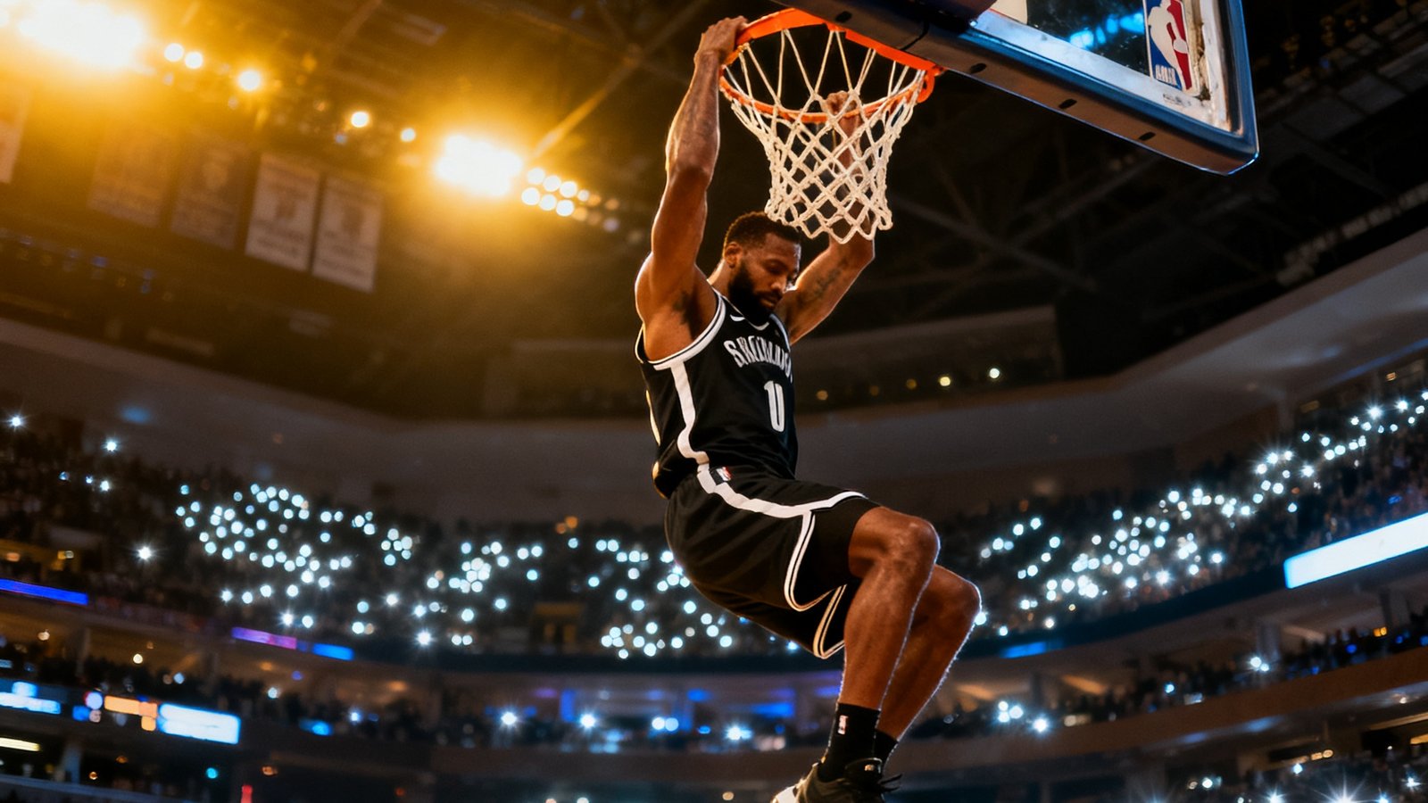 NBA球馆内一名球星完成扣篮后悬挂在篮筐上的精彩画面，观众席闪光灯密集亮起